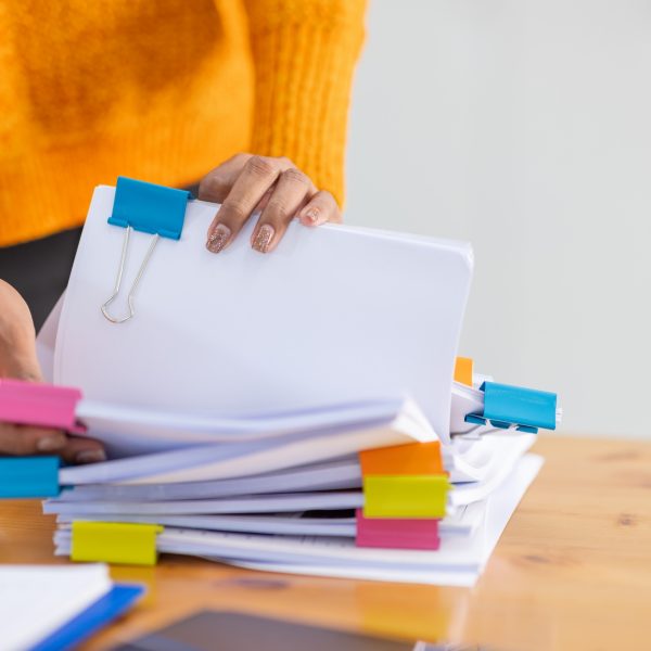 Business Documents, Auditor businesswoman checking searching document legal prepare paperwork or